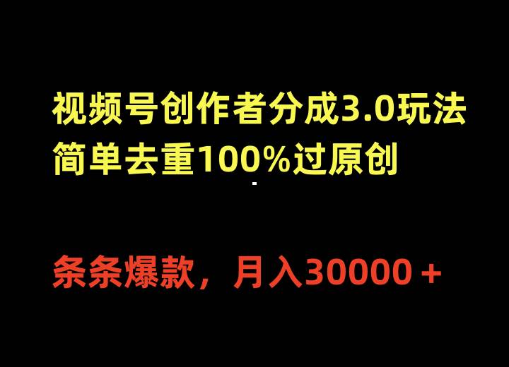 视频号创作者分成3.0玩法，简单去重100%过原创，条条爆款，月入30000＋插图