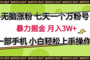 无脑涨粉 七天一个万粉号 暴力掘金 月入三万+，一部手机小白轻松上手操作